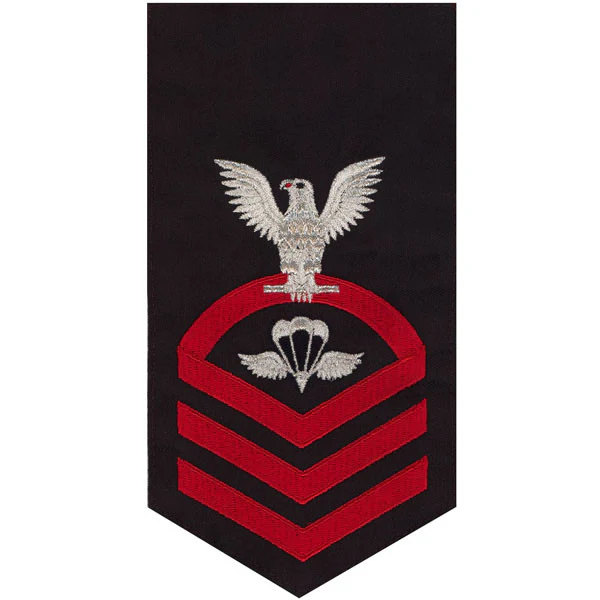 Navy E7 MALE Rating Badge: Aircrew Survival Equipmentman - seaworthy red on blue