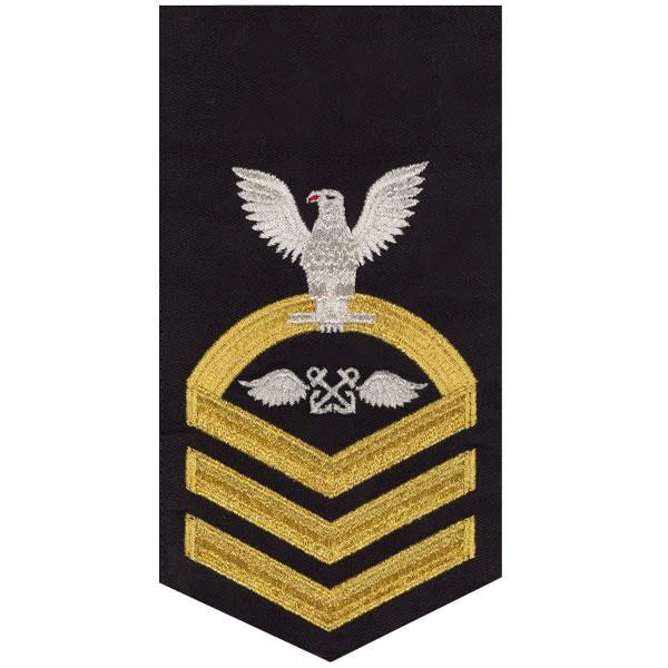 Navy E7 MALE Rating Badge: Aviation Boatswain's Mate - seaworthy gold on blue