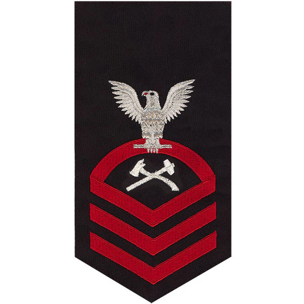 Navy E7 MALE Rating Badge: Damage Controlman - seaworthy red on blue