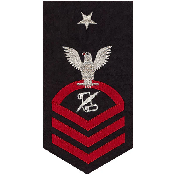 Navy E8 MALE Rating Badge: Journalist - seaworthy red on blue