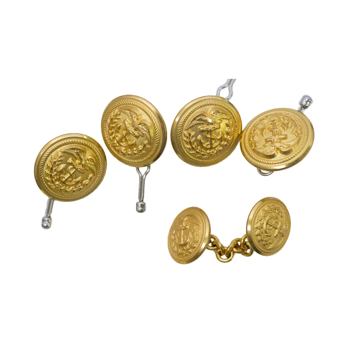 Coast Guard Buttons: 4 of the 35 ligne with bodkin and 1 pair of 28 ligne linked for Dinner Dress