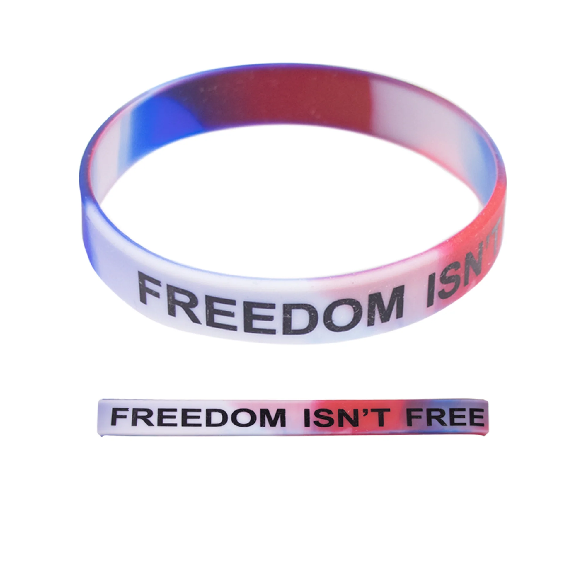 Bracelet: Red/White/Blue Silicone - Printed in Black "Freedom Isn't Free"