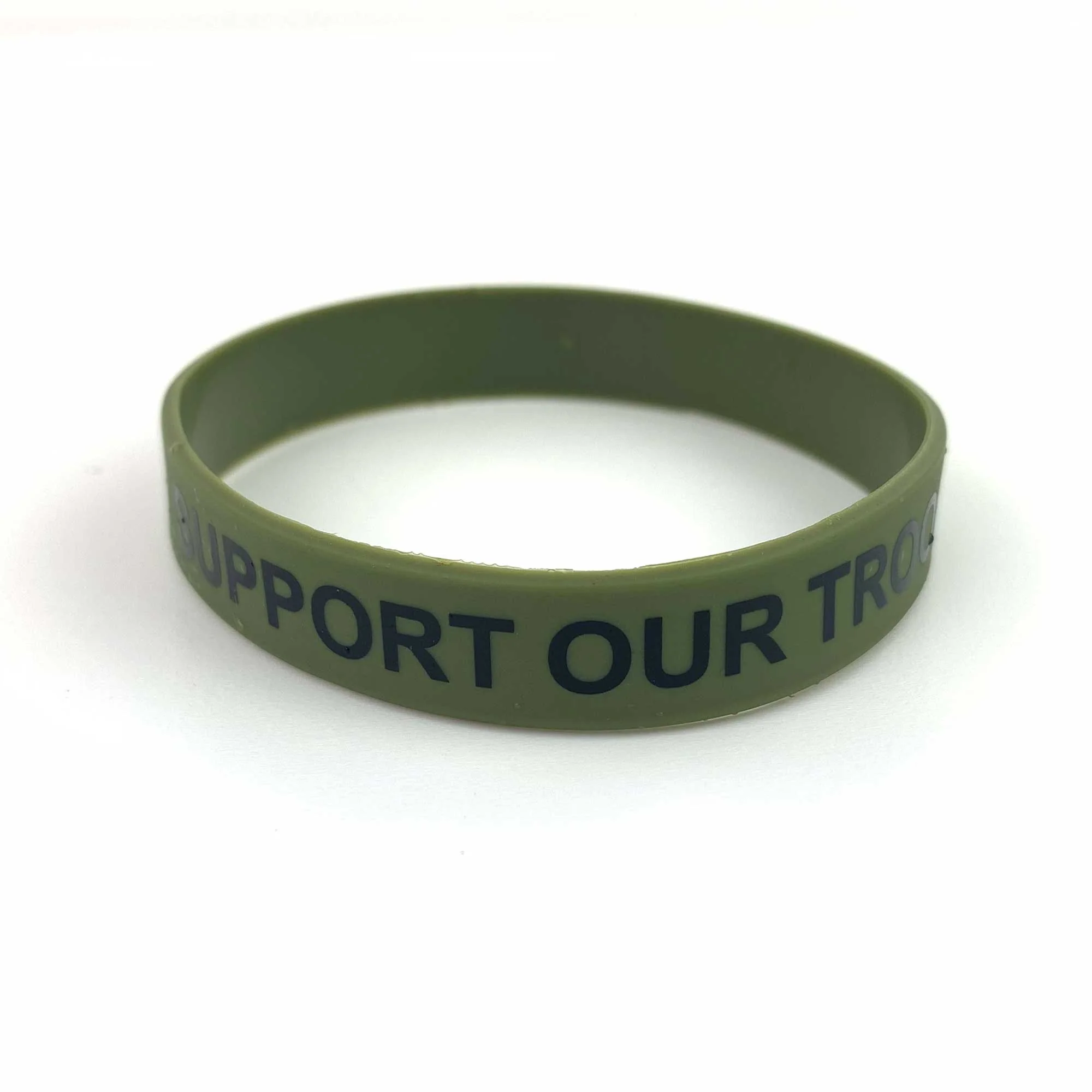 Bracelet: Olive Drab Silicone with black print - "Support Our Troops"